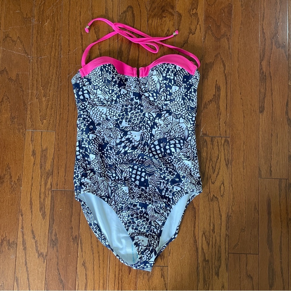 Lilly Pulitzer Navy Floral One-Piece Swimsuit with Pink Trim